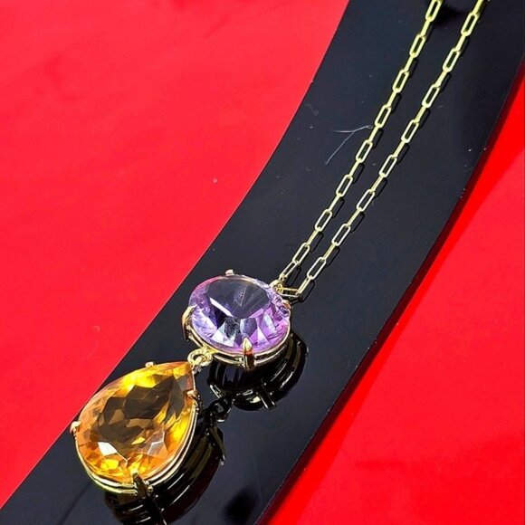 925 Sterling Silver Necklace 14K Gold Pl with Natural Amethyst & Honey Quartz - Picture 12 of 12
